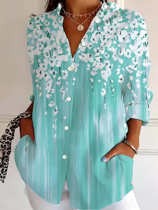 Women's Long Sleeve Shirt Spring/Fall Green Floral Buckle Shirt Collar Regular Sleeve Daily Going Out Casual Top