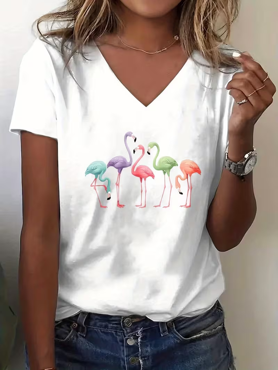 Women's Short Sleeve T-shirt Summer White Flamingo Printing V Neck Holiday Going Out Vintage Top