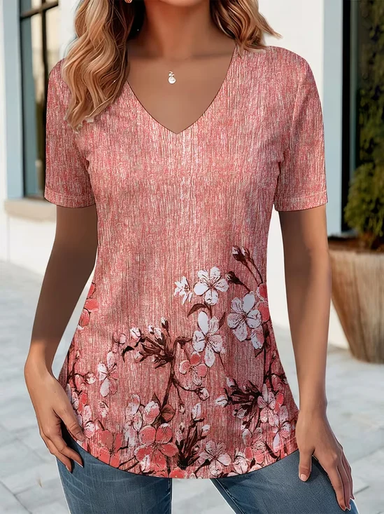 Women's Short Sleeve T-shirt Summer Pink Floral Printing V Neck Holiday Going Out Vintage Top