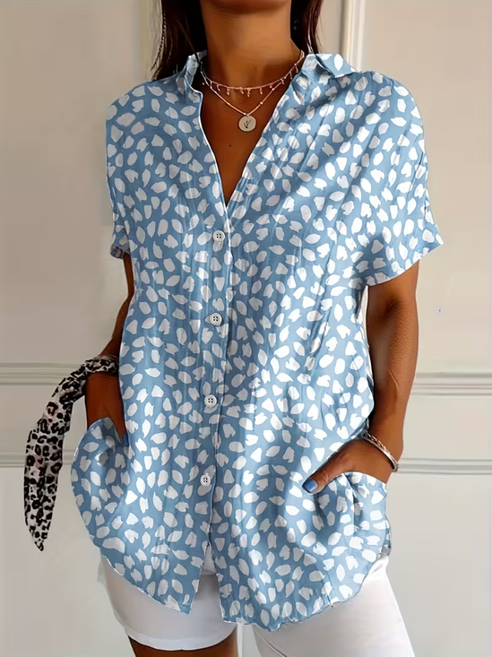 Women's Short Sleeve Shirt Summer Blue Abstract Printing Shirt Collar Daily Going Out Casual Top
