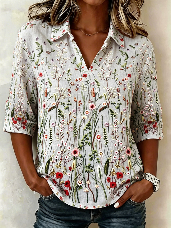 Loose Shawl Collar Vintage Floral Shirt