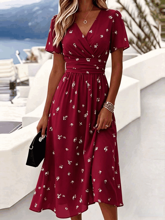 Regular Fit Floral Elegant V Neck Dress With No