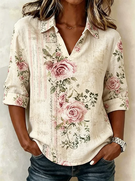 Shawl Collar Loose Floral Vintage Shirt