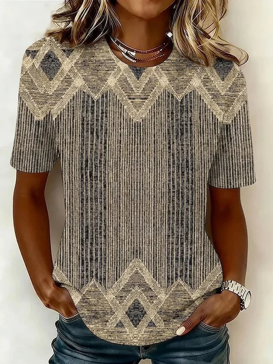 Women's Short Sleeve T-shirt Summer Brown Abstract Printing Jersey Crew Neck Daily Going Out Casual Top