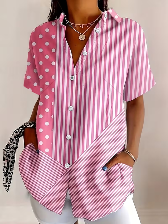 Women's Short Sleeve Shirt Summer Pink Striped Printing Shirt Collar Daily Going Out Casual Top