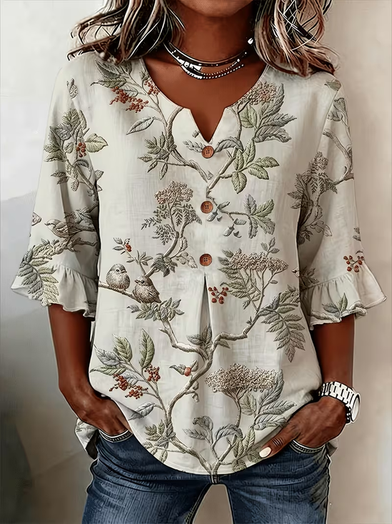 Women's Half Sleeve Blouse Summer As Picture Floral Printing V Neck Daily Going Out Vintage Top