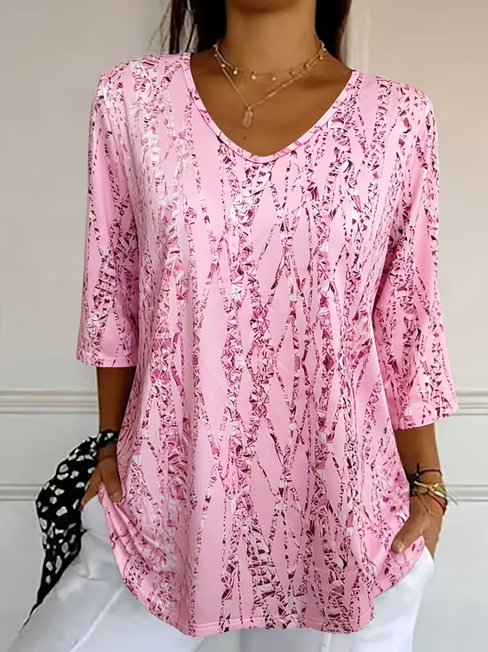 Women's Three Quarter Sleeve T-shirt Spring/Fall Pink Abstract Printing V Neck Daily Going Out Casual Top