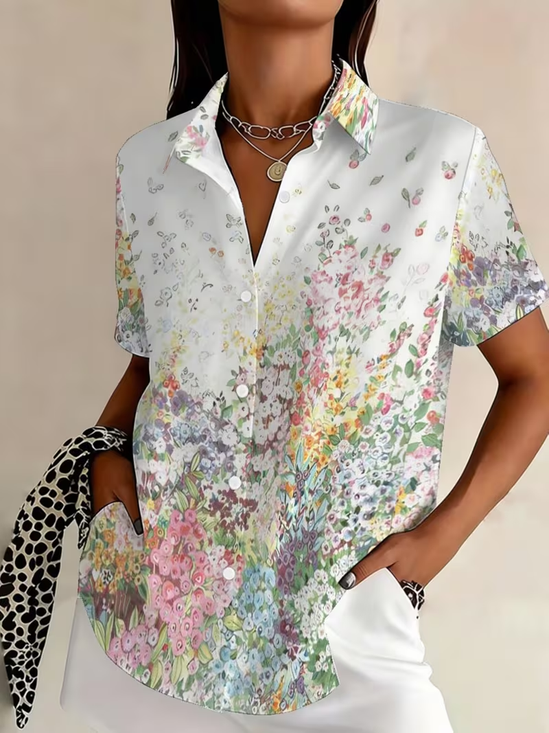 Women's Short Sleeve Shirt Summer White Floral Printing Shirt Collar Daily Going Out Casual Top