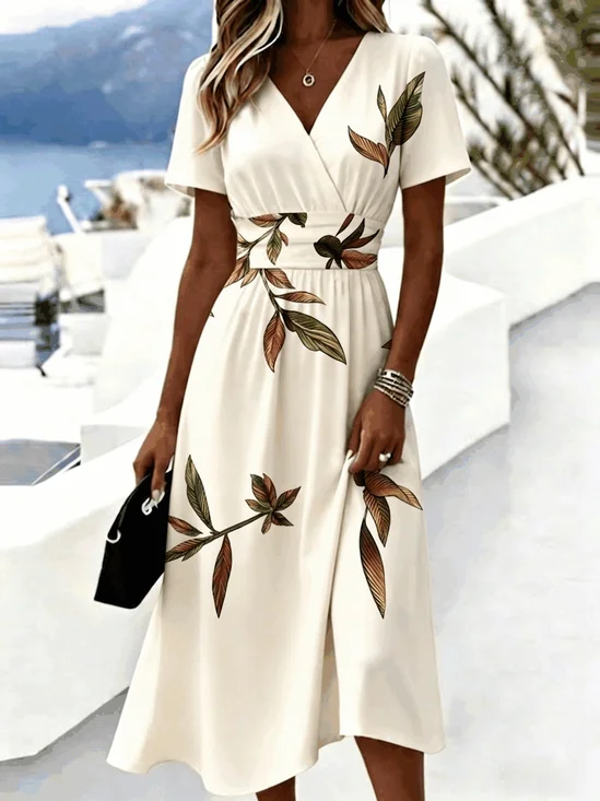 Women's White Midi Dress Green Brown Leaf Print Short Sleeve V Neck High Waist A-Line Casual Dress