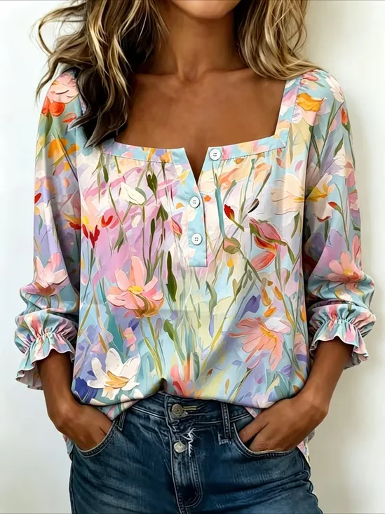 Women's Three Quarter Sleeve Blouse Spring/Fall As Picture Floral Printing Square Neck Daily Going Out Vintage Top