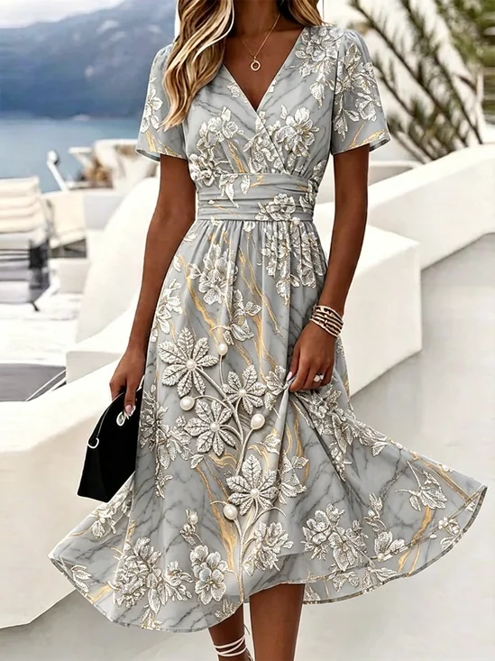 Women's Grey Marble Floral 3D Print Slimming Wrap Midi Dress V-Neck Short Sleeve Elegant A-Line Dress