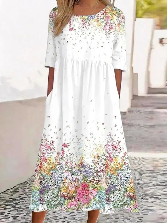 Women's White Floral Print Maxi Dress Short Sleeve Casual Loose Dress with Pockets