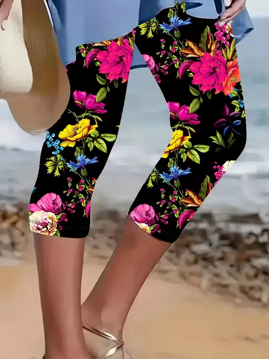 Women's  Elastic Waist H-Line Leggings Daily Going Out Pants Black Casual Printing Floral Summer Pants