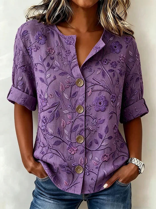 Women's Purple Floral Print Blouse Short Sleeve Button Down Casual Top