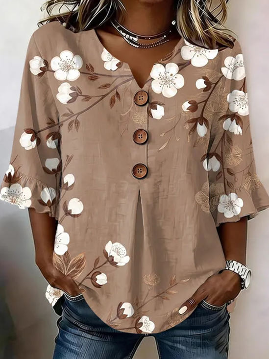 Women's Half Sleeve Blouse Summer Light Brown Floral Printing V Neck Daily Going Out Vintage Top