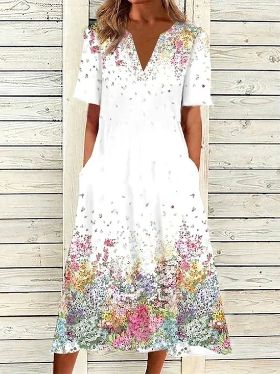 White Multicolor Floral Print V Neck Short Sleeve Maxi Dress