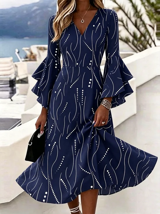 Striped Bell Sleeve V Neck Elegant Dress With No