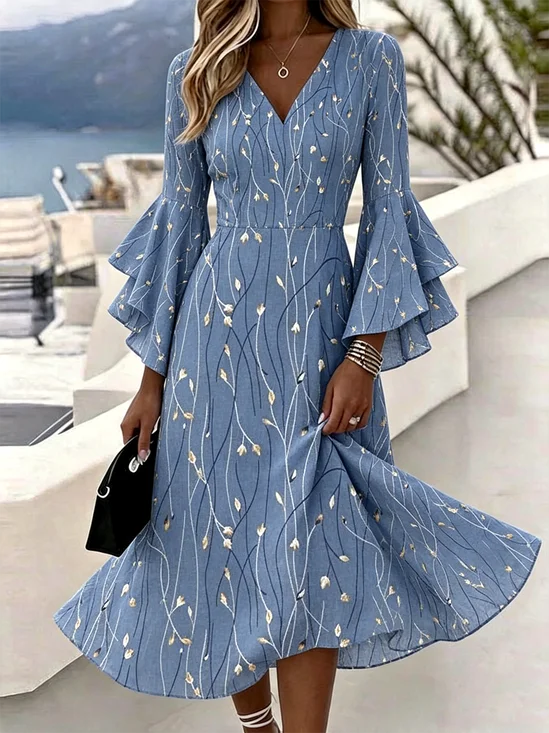 Blue Gold Leaf Print V-Neck Flare Sleeve Midi Dress for Women