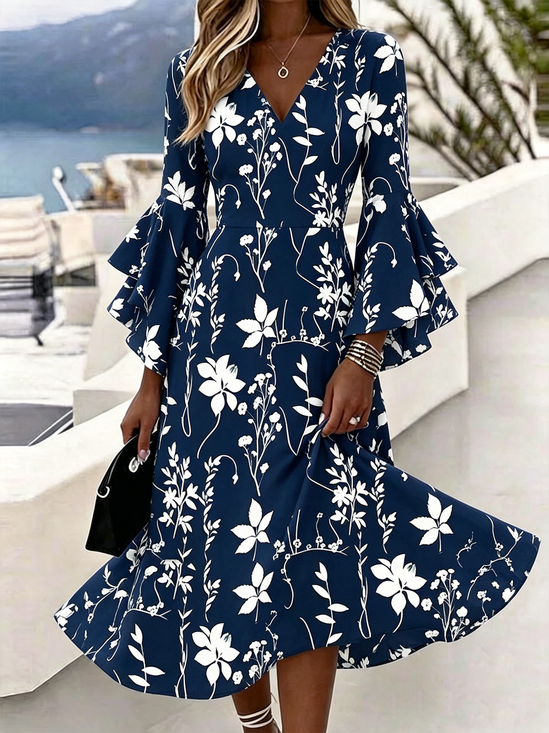 Regular Fit Bell Sleeve V Neck Floral Elegant Dress With No