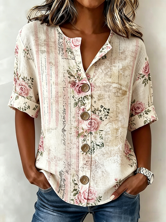 Women's Cream Rose Print Blouse Short Sleeve Button Down Casual Top