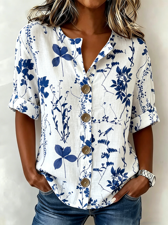 Women's White Blue Botanical Print Blouse Short Sleeve Button Down Casual Top