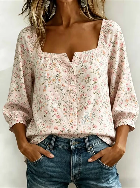 Women's Three Quarter Sleeve Blouse Spring/Fall Pink Floral Printing Square Neck Daily Going Out Vintage Top