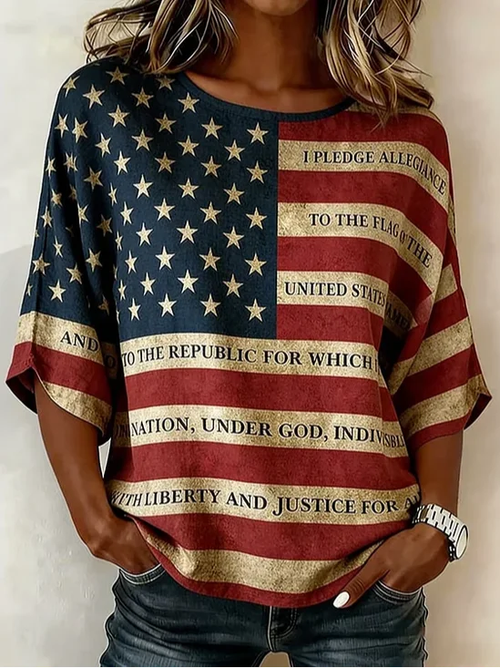 Women's Half Sleeve Blouse Summer As Picture Independence Day (Flag) Printing Crew Neck Daily Going Out Vintage Top