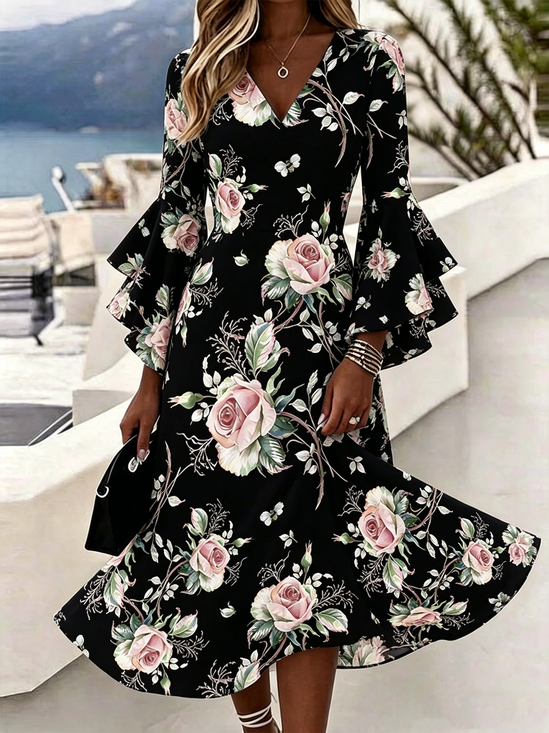 Bell Sleeve Regular Fit Elegant Dress With No