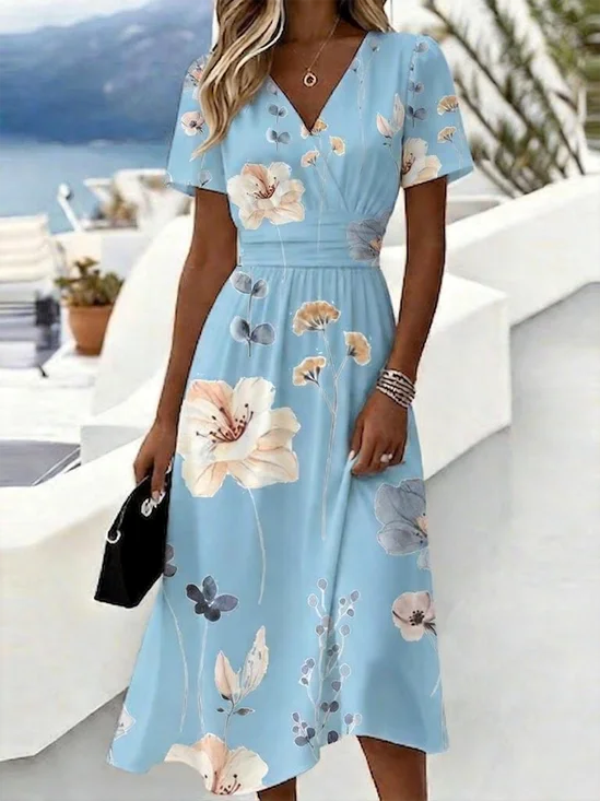 Casual Light Blue Flower Print V Neck Midi Dress Short Sleeve Elastic Waist Flowy Summer Dress