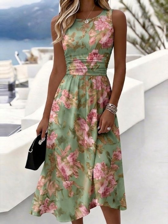 Women's Green Floral Print Sleeveless Midi Dress High Waist A-Line Casual Dress