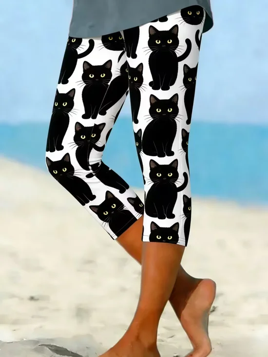 Women's  Elastic Waist H-Line Leggings Daily Going Out Pants Black Casual Printing Cat Summer Pants