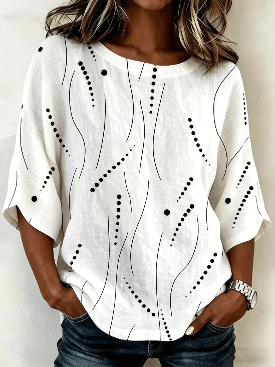 Loose Fit White Black Dots & Lines Print Shirt Womens Casual Summer Top