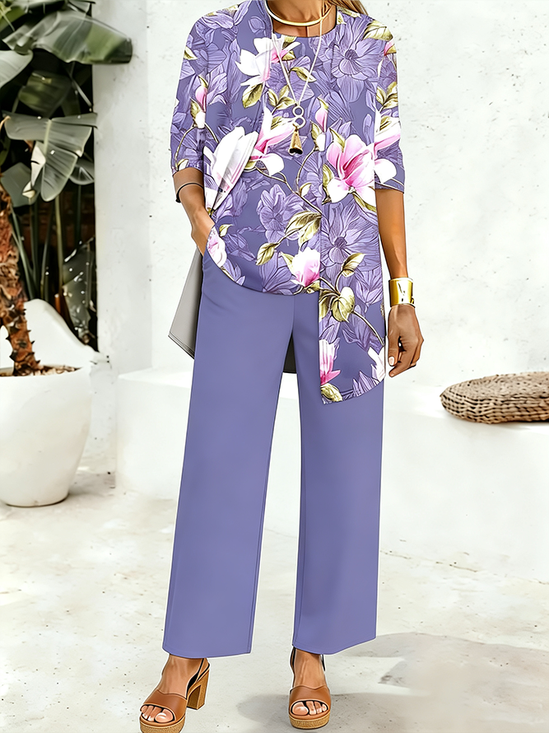 Women's Printing Floral Daily Going Out Matching Outfit Purple Casual Spring/Fall Multi-Piece Set Matching Set