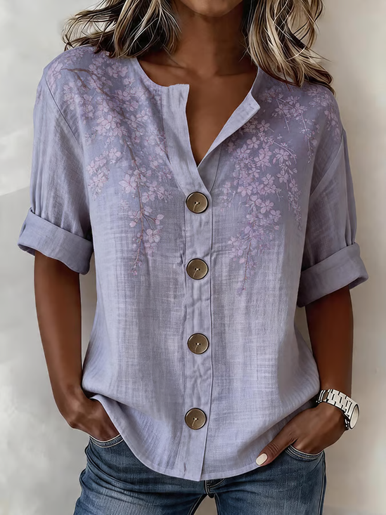 Women's Long Sleeve Shirt Spring/Fall Purple Floral Buckle Stand Collar Daily Going Out Casual Top
