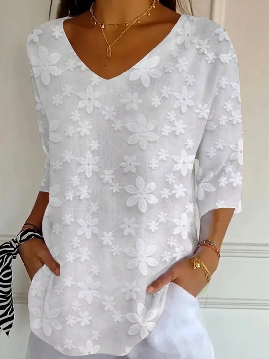 Women's Three Quarter Sleeve T-shirt Spring/Fall White Floral Printing V Neck Daily Going Out Casual Top