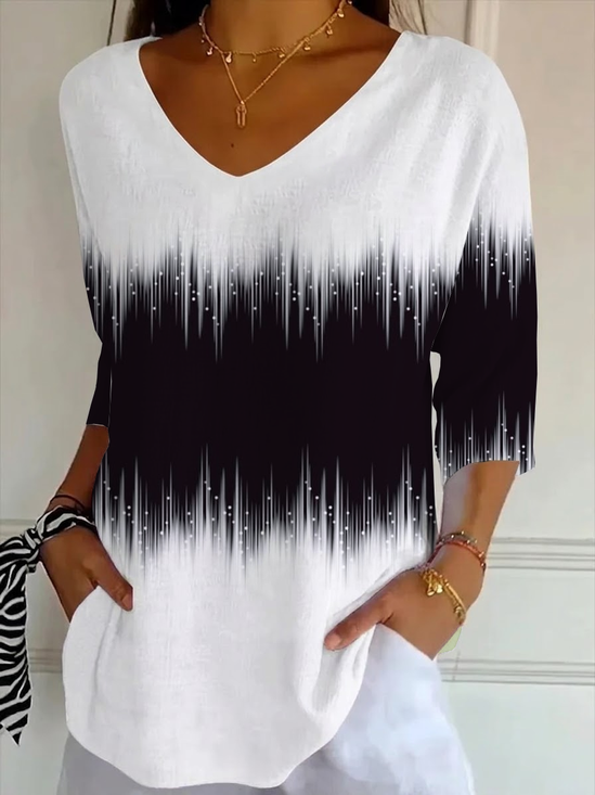 Women's Three Quarter Sleeve T-shirt Spring/Fall Black-white Abstract Printing V Neck Daily Going Out Casual Top