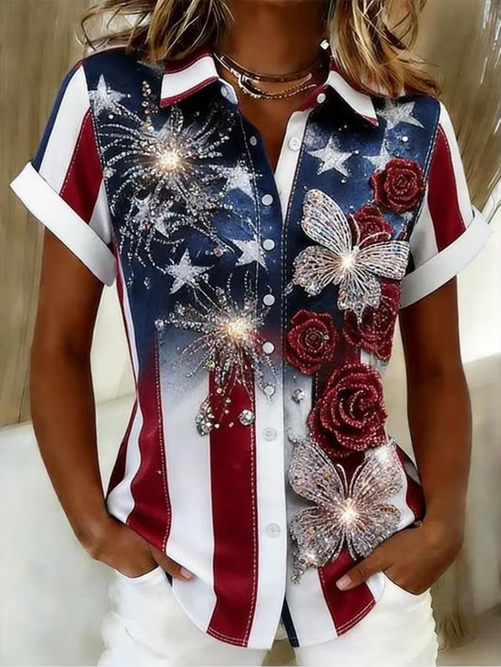 Women's Short Sleeve Shirt Summer As Picture Independence Day (Flag) Printing Shirt Collar Daily Going Out Casual Top