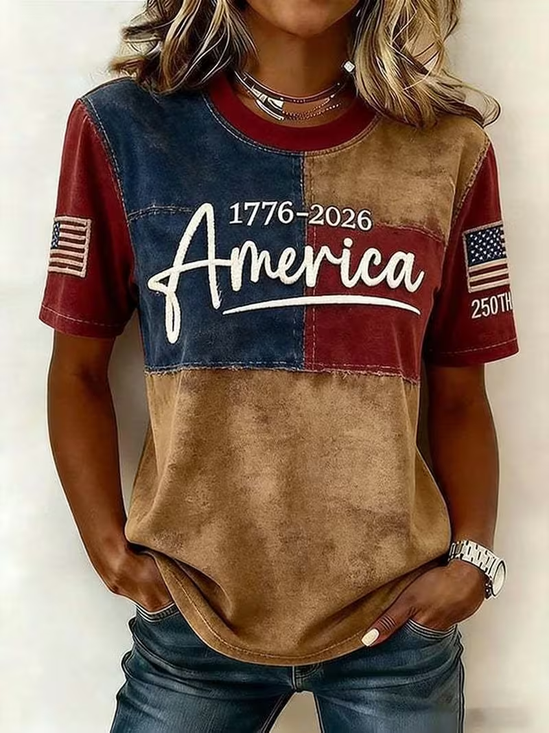 Women's Short Sleeve T-shirt Summer As Picture Independence Day (Flag) Printing Jersey Crew Neck Daily Going Out Casual Top