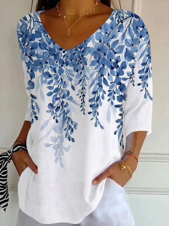 Women's Three Quarter Sleeve T-shirt Spring/Fall White Floral Printing V Neck Daily Going Out Casual Top