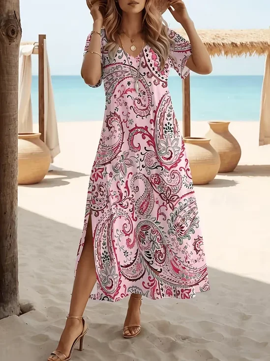 Women's Short Sleeve Summer Pink Floral Printing Crew Neck Daily Going Out Casual Maxi H-Line T-Shirt Dress Dress