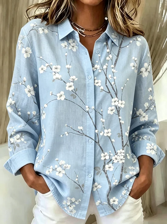 Loose Shirt Collar Botanical Pattern Simple Shirt