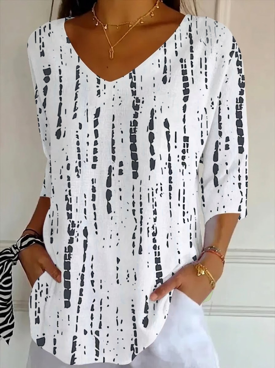 Women's Three Quarter Sleeve T-shirt Spring/Fall White Abstract Printing V Neck Daily Going Out Casual Top