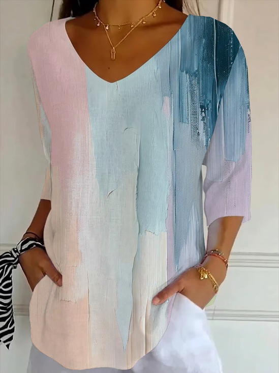 Women's Three Quarter Sleeve T-shirt Spring/Fall As Picture Abstract Printing V Neck Daily Going Out Casual Top
