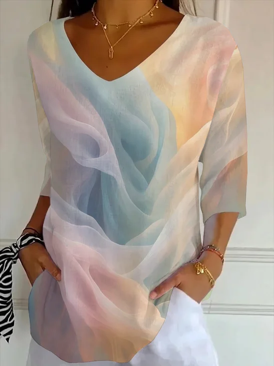 Women's Three Quarter Sleeve T-shirt Spring/Fall As Picture Abstract Printing V Neck Daily Going Out Casual Top