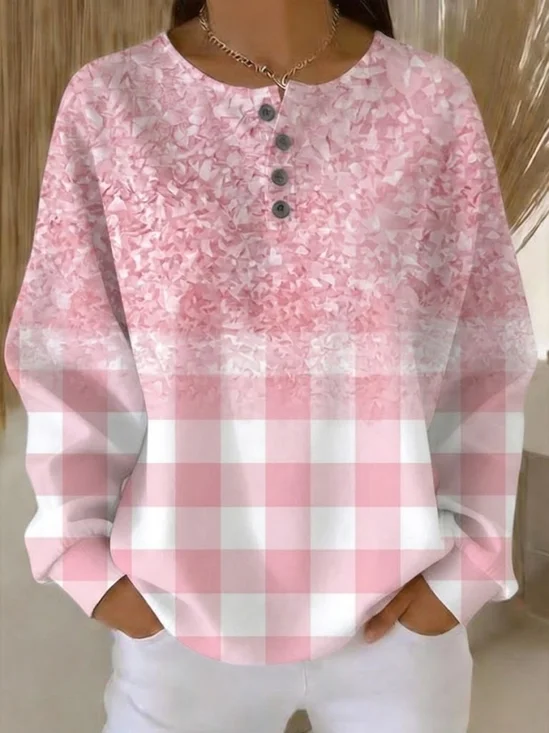 Women's Pink Ombre & Gingham Print Long Sleeve Henley Neck Casual Sweatshirt with Buttons
