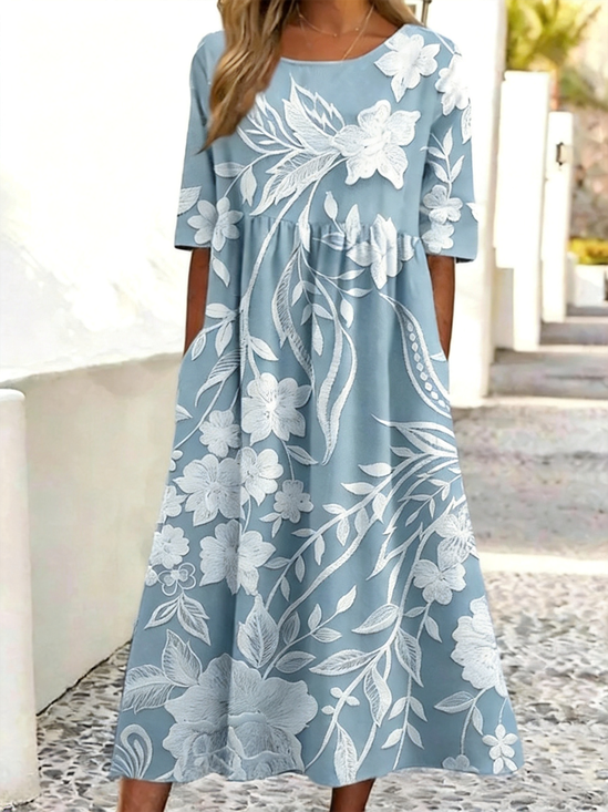 Women's Floral Print Maxi Dress Round Neck Half Sleeve Casual A-Line Dress with Pockets