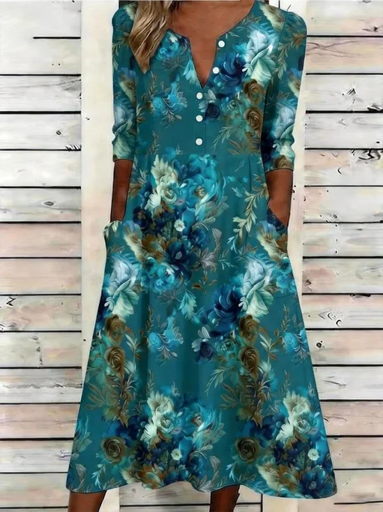 Floral Casual Loose Half Open Collar Dress With No