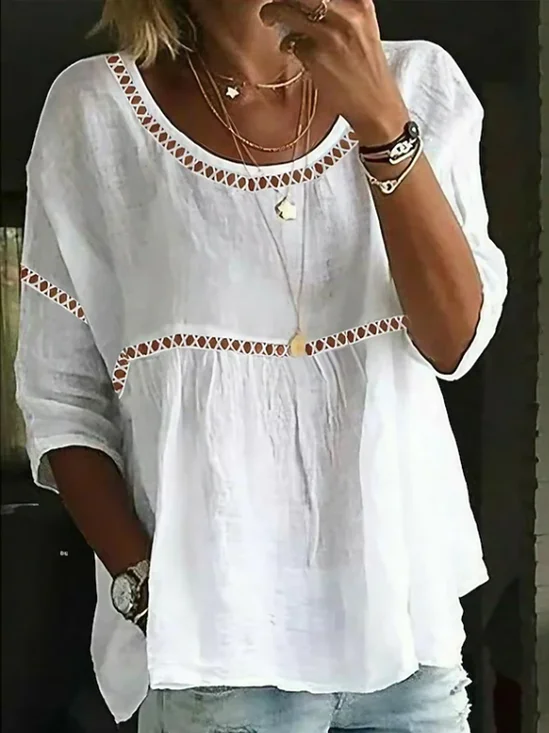 Women's Half Sleeve Blouse Summer White Plain Hollow Out Crew Neck Daily Going Out Casual Top