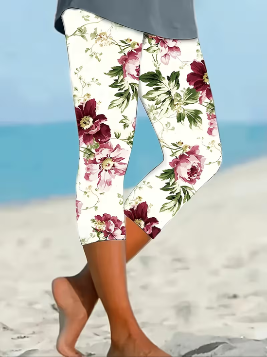 Women's  Elastic Waist H-Line Leggings Daily Going Out Pants White Casual Printing Floral Summer Pants