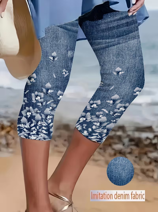 Women's  Elastic Waist H-Line Leggings Daily Going Out Pants Blue Casual Printing Floral Summer Pants